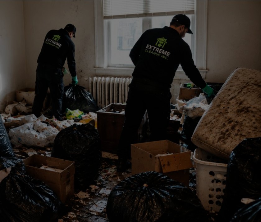 Extreme Cleanup crew clearing bags and debris from a cluttered unit