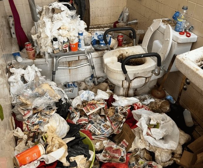 Cluttered bathroom before cleanup